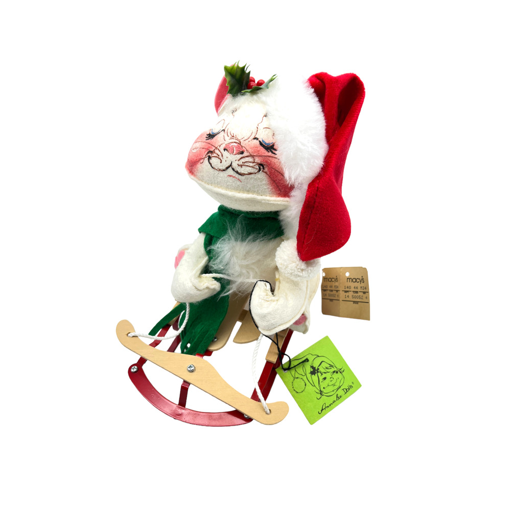 Annalee Mobilitee Doll Christmas White Cat On Sled Ornament w/Tag #8062 VTG 1984